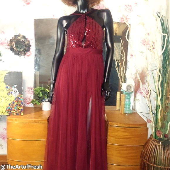 Luxxel Long Formal Tulle Mesh Sequin Backless Evening Dress - Picture 3 of 16